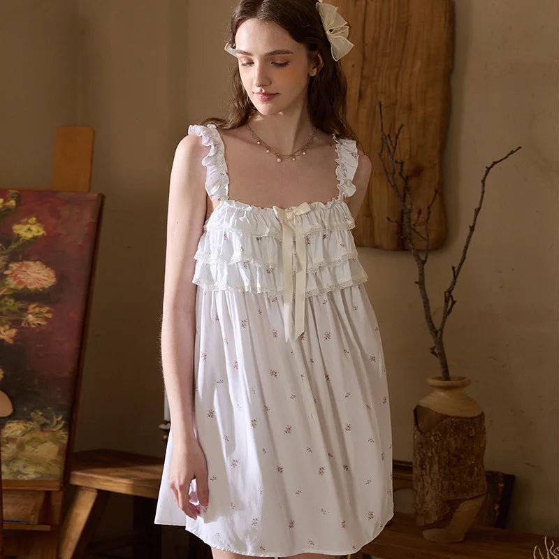 Cyflymder  Small Floral Suspender Nightdress Sweet Cake Dress Cotton Silk Pajamas Bow Loungewear Pure Desire Girl Thin