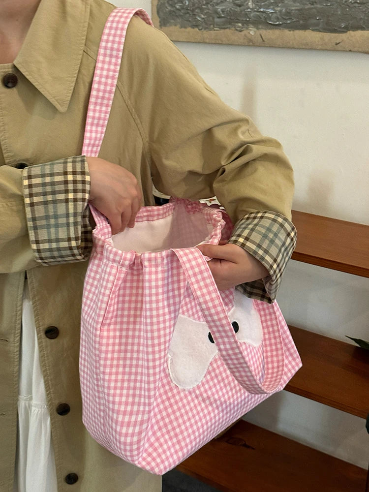 Cyflymder  Sweet Y2k Aesthetic Kawaii Plaid Shoulder Bags All Match Women Drawstring Casual Handbags New Fashion Grunge Canvas Underarm Bag