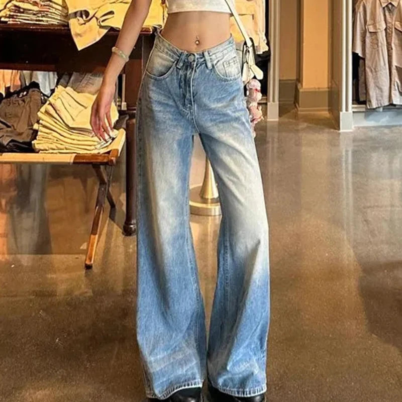 Cyflymder  Chic Light Blue Women Wide Leg Jeans Retro Streetwear Washed Baggy Denim Trousers New Summer Hot Girls Slimming Straight Pants