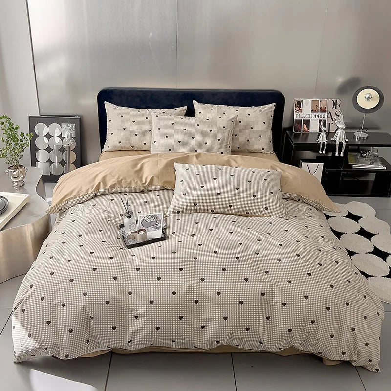 Cyflymder  100% Cotton Geometric Pattern Printed Bed Sets Soft Grid Duvet Cover Bedsheet Pillowcases for Home Single Queen Size Bedding Set
