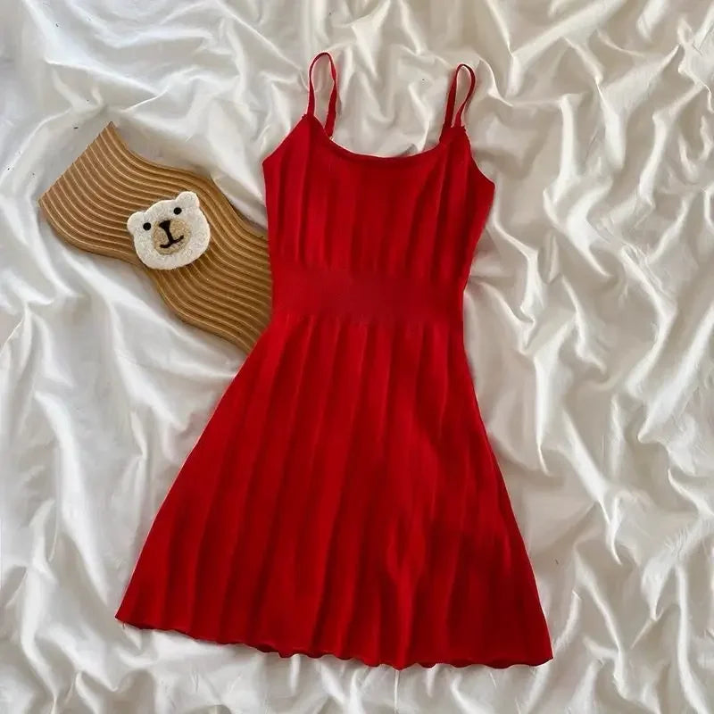 Cyflymder Hollow Out Elegant Striped Mini Dress Women Solid Red Elastic Dresses Korean Spaghetti Strap Slim A Line Vestidos Summer New