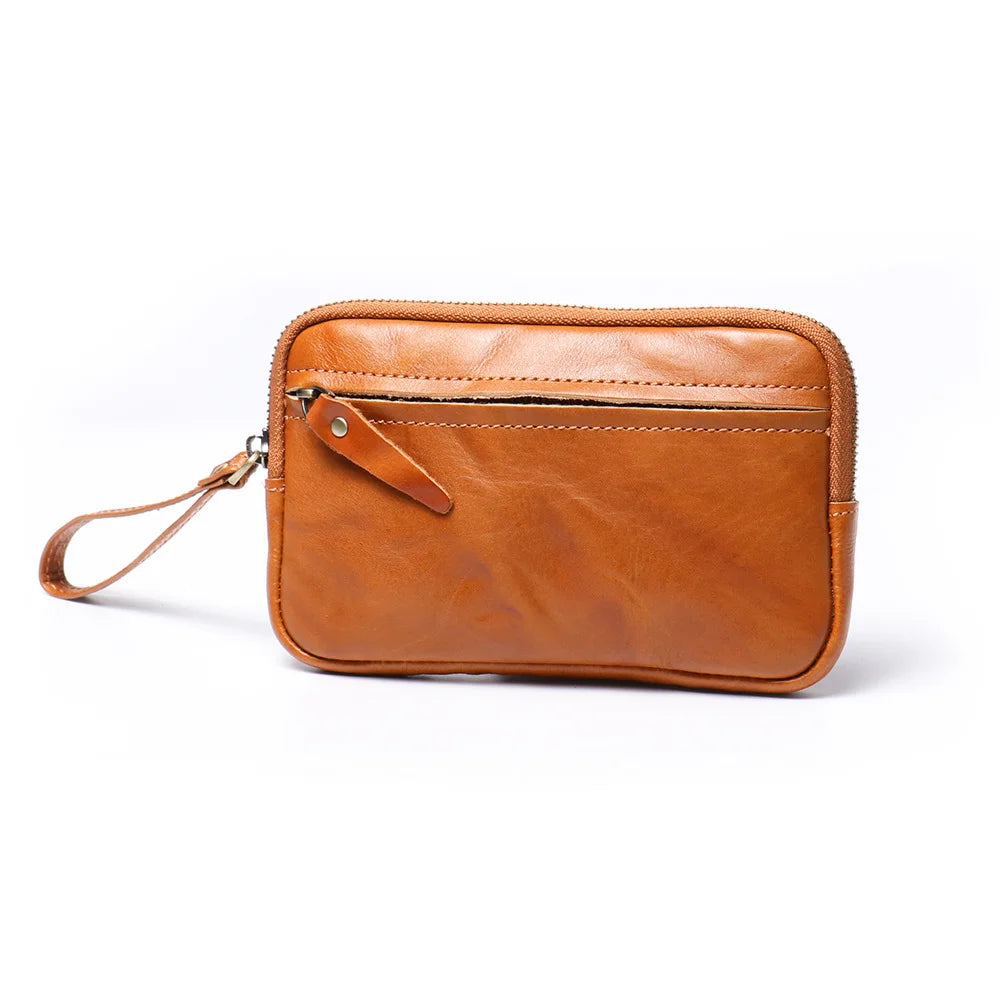 Cyflymder  New Vegetable Tanned Leather Zipper Pouch, Cowhide Coin Purse, Large-capacity Card Holder, Leather Storage Bag, Key Case