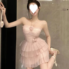 Cyflymder  Ballet Style Off-Shoulder Strap Dress Women's Summer New Waist-Cinching Slimming Heavy-Work Design Short Cake Skirt Dress