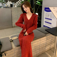Cyflymder  Autumn Red Collar Knitted Dress Women Long Sleeve Slim Elastic Tight Pullover Sweater Dress Autumn Office Lady Midi Dress 664A