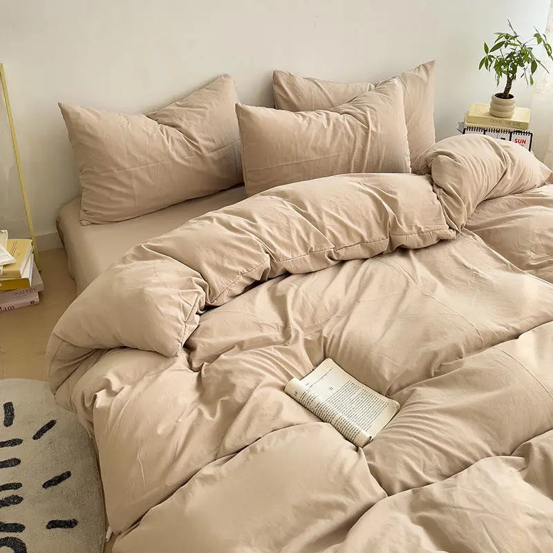 Cyflymder  INS Korean Style Fresh Blue Duvet Cover Washed Cotton Bed Sheet Bed Skirt Four-Piece Set Dormitory Simple Solid Color