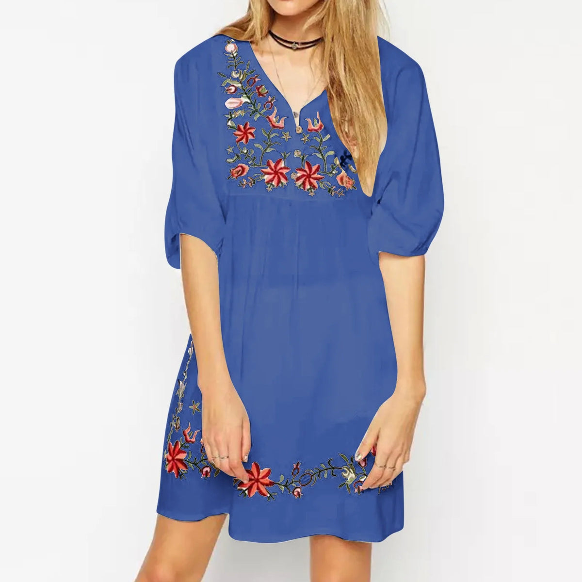Cyflymder  Ethnic Style Floral Embroidered Summer Dress Women's Half Sleeve Sheer Thin V-Neck Short Dress Fashion Casual Bohemian Dress