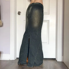 Cyflymder  Autumn new low waisted drawstring casual embroidered retro vintage denim skirt