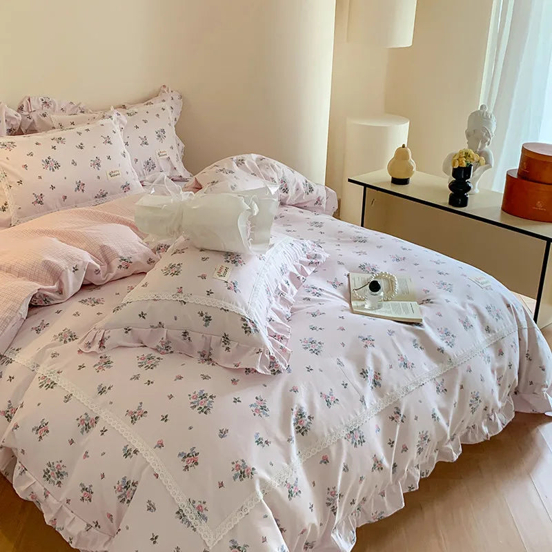Cyflymder  100% Cotton Spring Garden Flowers Botanical Chic Ruffles Soft Comfortable Double Queen (1Duvet Cover+1Bed Sheet+2Pillowcases)