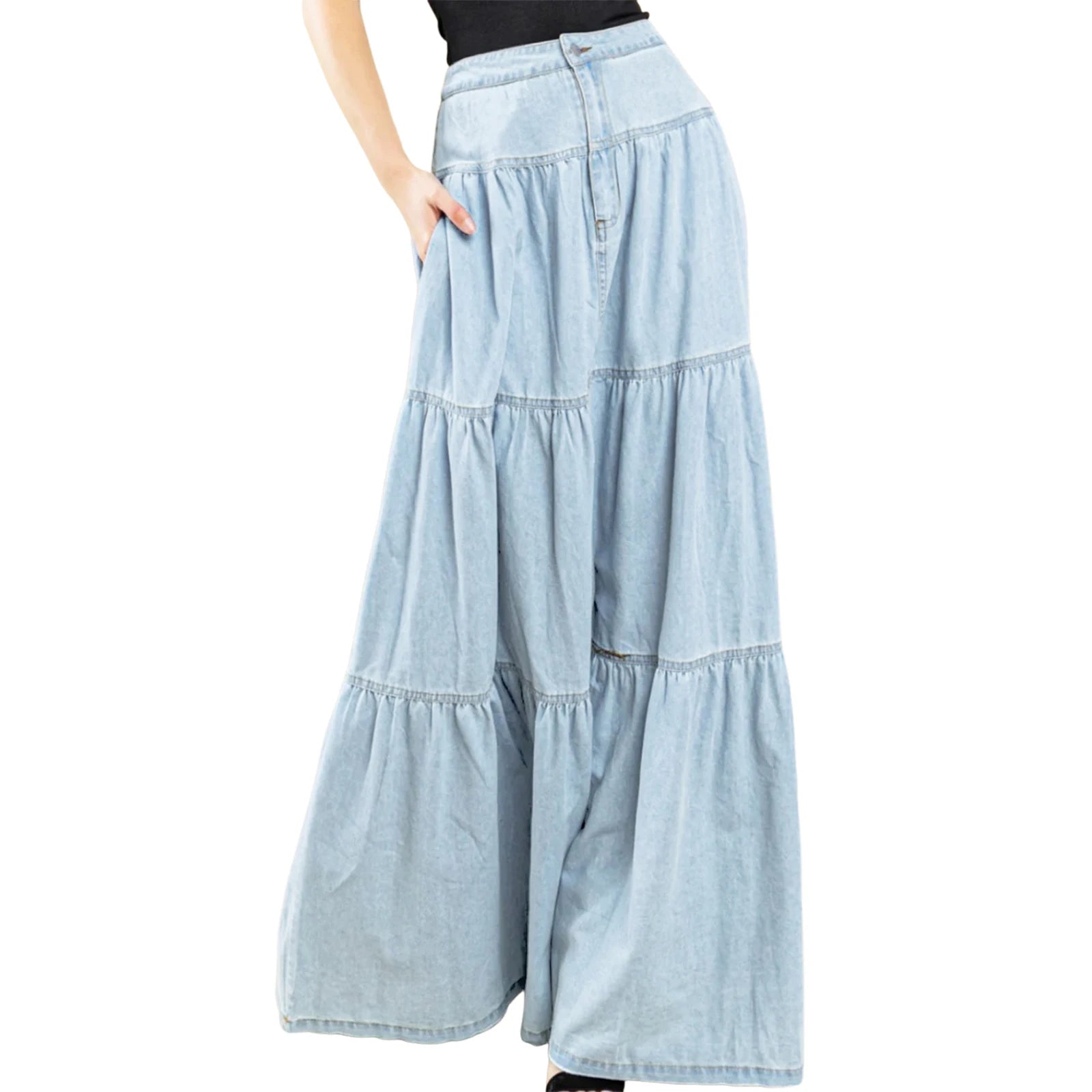 Cyflymder  Women's Fashion Denim Long Skirts Stylish Solid Color High Waist A-Line Jean Skirt for Summer Spring