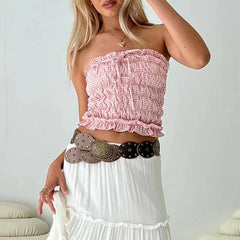 Cyflymder  Plaid Strapless Tube Tops Elastic Ruched Off Shoulder Crop Tops Bandeau 90s Vintage Backless Y2K Tank Vest Women