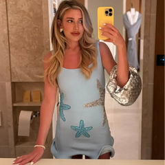 Cyflymder  Sea Star Embroidered Knitted Women's Mini Dress Casual O Neck Sleeveless Holiday Dress 2025 Summer Vacation Sexy Slim Robe Dress