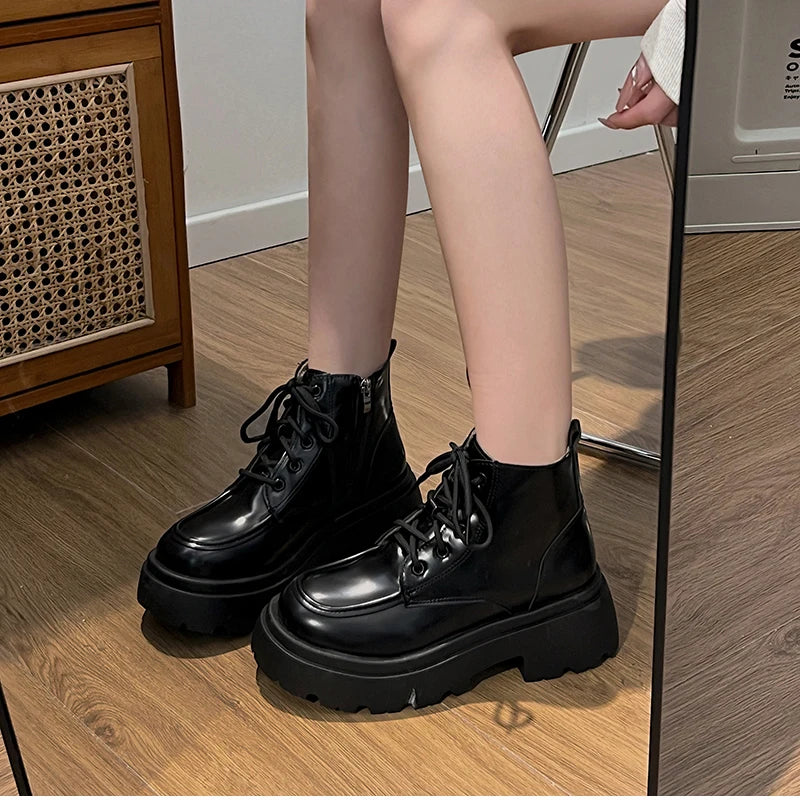Cyflymder  Platform Thick Bottom Warm Short Plush Women Motorcycle Boots Fashion Lace Up Shoes Autumn Winter Female Short Booties