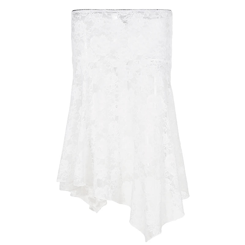 Cyflymder  Elegant Fashion Lace Asymmetrical Skirts See Through Holiday Casual Low-Waisted Midi Skirts Women Summer Streetwear Ladies