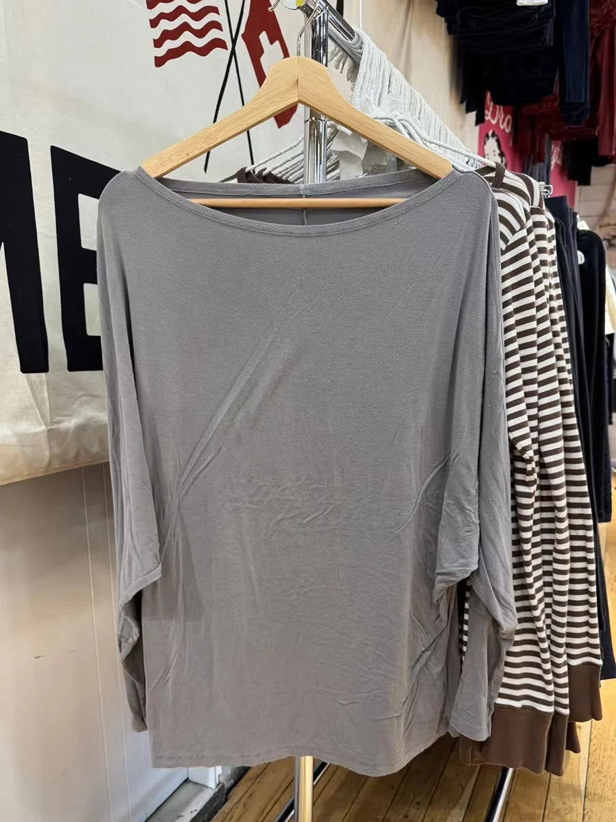 Cyflymder  Black Long Batwing Sleeve T-shirts Women Elegant Sweet Slash Neck Cotton Tee Shirts Vintage Simple All-match Tshirts Y2k Tops
