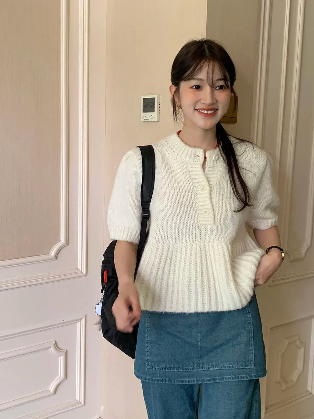 Cyflymder  Chic Autumn New Sle Retro Splicing Lace Trim Soft Bubble Sve Knitted Sweater Women's Faionable Commute Loose Fit