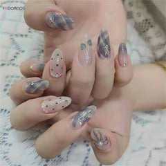 Cyflymder  24pcs Glossy Almond False Nails Blue Gray Gradient Bowknots Shiny Sequins Diamond Press On Nails Ins Style Plaid Fake Nail Tips