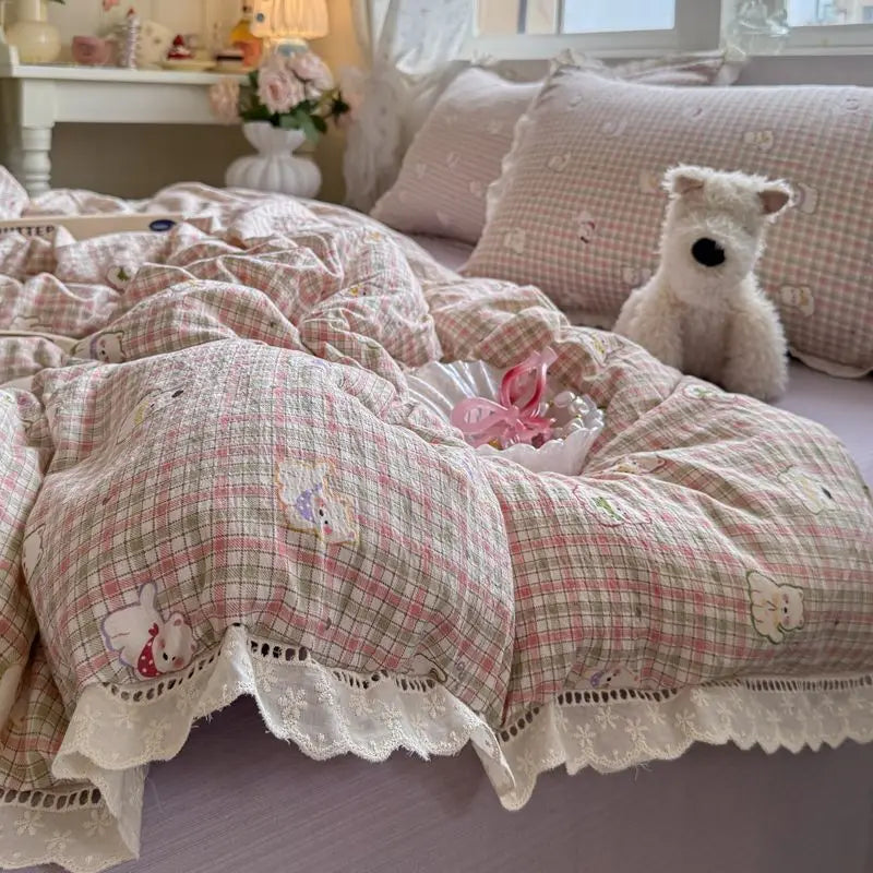 Cyflymder  Korean Style Girly Heart Floral Double Layer Gauze Four-Piece Set Princess Style Lace Trim Quilt Cover Bed Sheet Dormitory