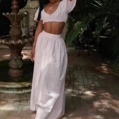Cyflymder  French Suit Women's New Short Square Neck Puff Sleeve Waist Top, High-Waisted Long Skirt