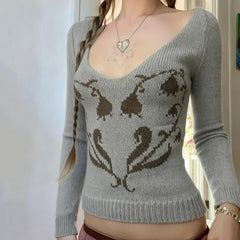 Cyflymder  Personality Chic Big V Neck Long Sleeve Sweaters American Temperament Print Autumn Knitted Clothes Y2k High End Basic Pullovers