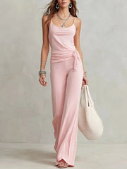 Cyflymder  Spring Women's Clothing Solid Color Sexy Outfits Top Set High Waist Wide Leg Pants For Polyester