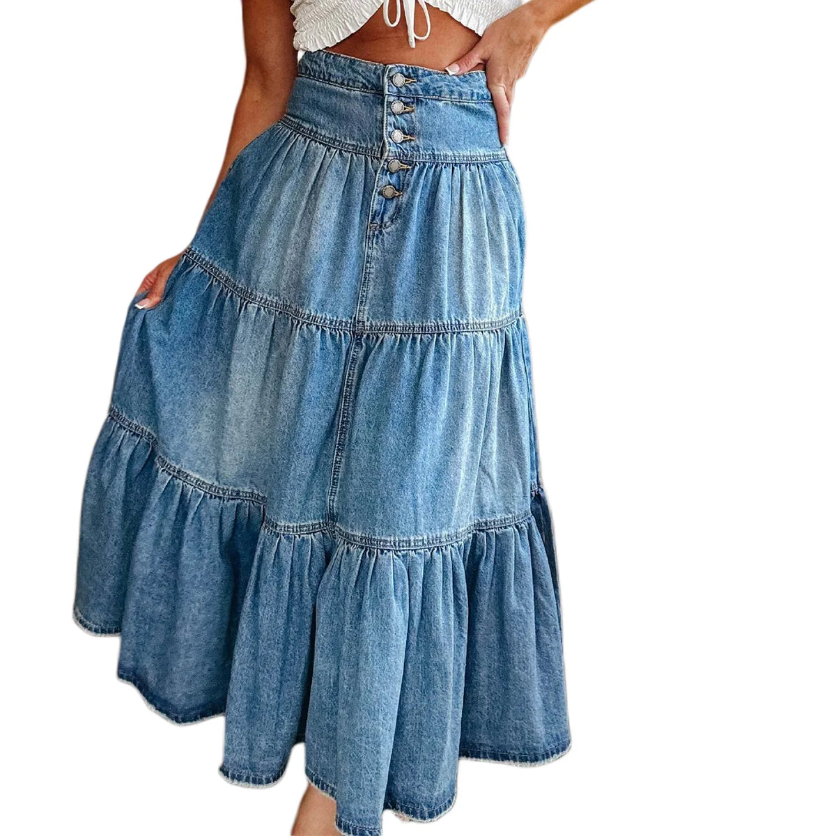 Cyflymder  Fashion Women's Loose Denim Skirt High Waist Layered Ruffle A-line Long Skirt Summer Fall Daily Casual Vintage Streetwear