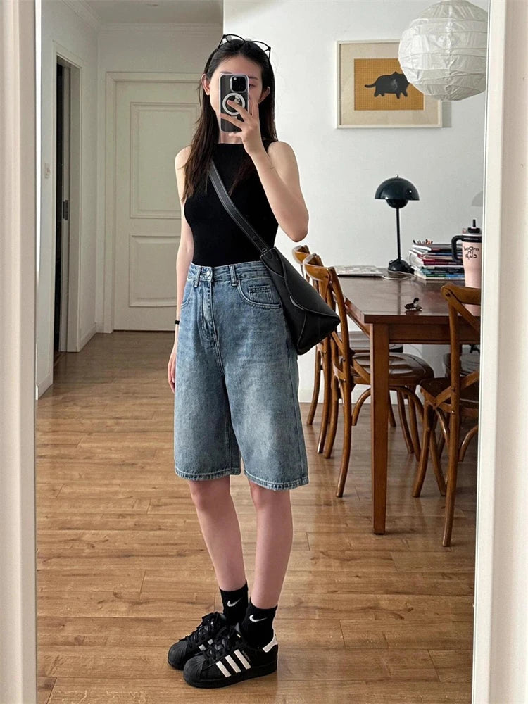 Cyflymder  Summer Women's High Waisted Wide Leg Mid Length Pants Young Girl Bottom Female Large Size Retro Blue Denim Shorts