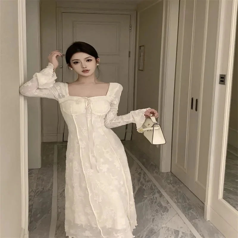 Cyflymder  BowJacquard Square Collar Flare Sleeve Dress Women's Autumn/Winter Waist-Fitted Slimming New Chinese Style Soft Long Dress