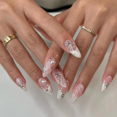 Cyflymder  24Pcs 3D Bow Strawberry False Nails Art Mid-length Almond Full Cover Nails Tips Pink Smudge Pearl Detachable Press on Fake Nails