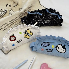 Cyflymder  Korean Fashion Ruffle Pencil Case for Kids Girl Sweet Cartoon Bunny Kitten Stationery Organizer Kawaii Pen Pouch Back To School