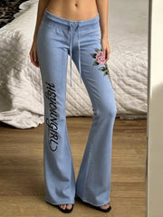 Cyflymder  Flower Letter Printed Drawstring Flared Pants Low Waist Loose Fit Fashion Long Pants Elegant Streetwear Casual Trousers