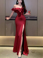 Cyflymder red christmas dress Sexy Bodycon Long Dresses for Women Wedding Evening Party Prom Robe Ruffles Slash Neck High Split Hollow Out Summer New Vestido