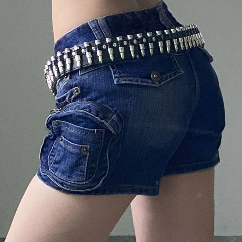 Cyflymder  Motorcycle Style 3D Pockets Ultrashort Jeans Women Sexy Low-Waisted Tight Denim Shorts Woman Streetwear Trendy Y2K Jean Shorts