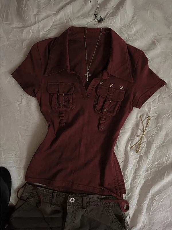 Cyflymder  Coffee Colored ort Sve  Ne T-irt Women's Summer Slim Fit Retro American Sle Waist Cinched Top Byao Girl