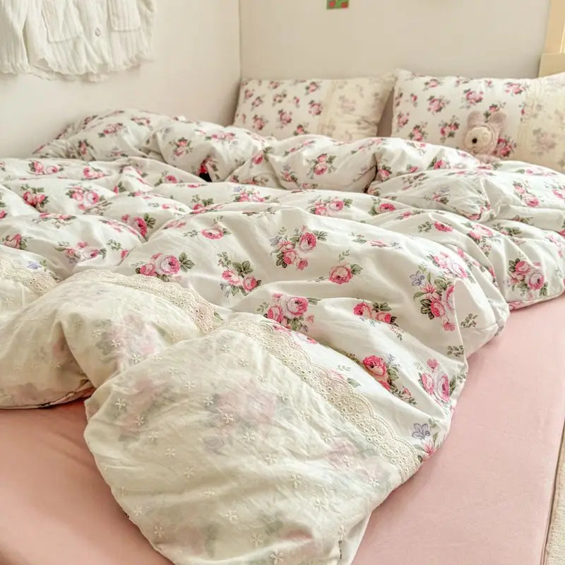 Cyflymder  INS French Style Fresh Floral Lace Trim Four-Piece Set Washed Cloud Cotton Quilt Cover Bed Sheet Dormitory Bed Sheet Sets