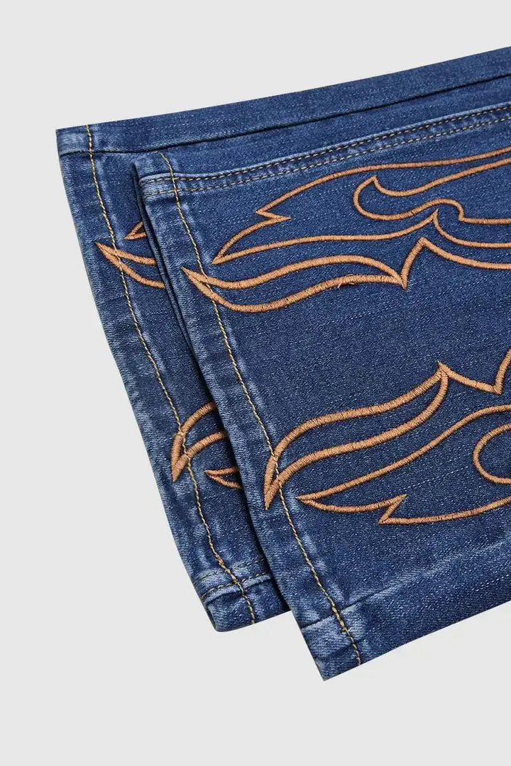 Cyflymder  Elegant Country Wear| Distressed High Waisted Flared Cowgirl Outfit -Printing with Golden Studs, Casual Vintage Jeans   T46