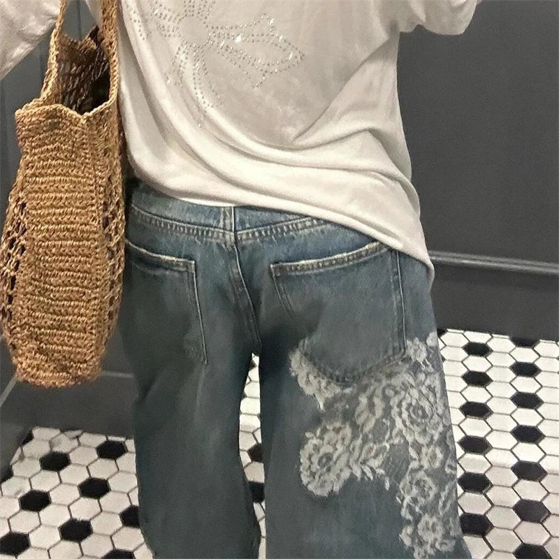 Cyflymder  Summer Women's Lace Printed Blue Denim Shorts Young Girl Casual High Waist Bottom Female Loose Capris Calf-length Pants