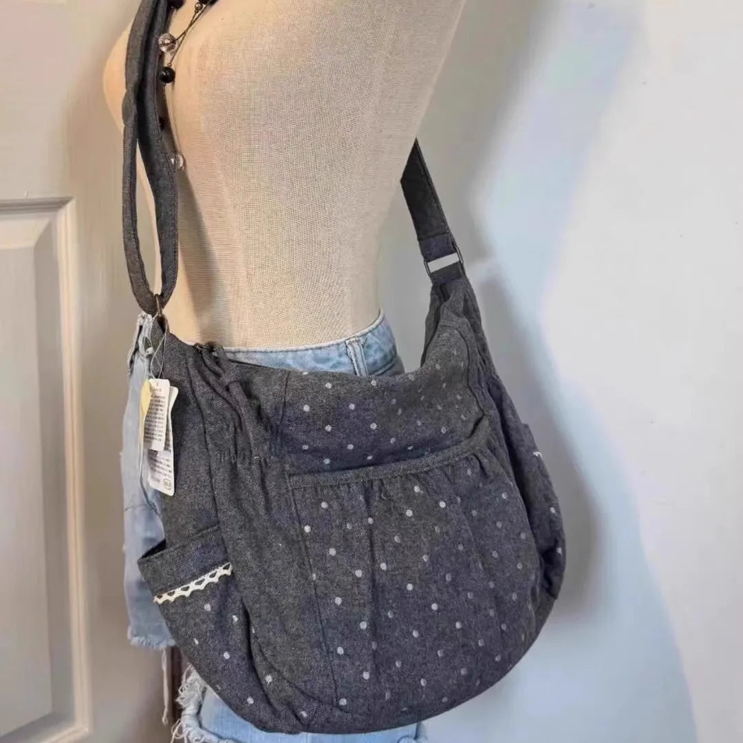 Cyflymder  Korean Style Polka Dot Canvas Tote Bag Womem Shoulder Bags Ladies  Casual Lazy Versatile Fashion Crossbody Bag for Work Commute
