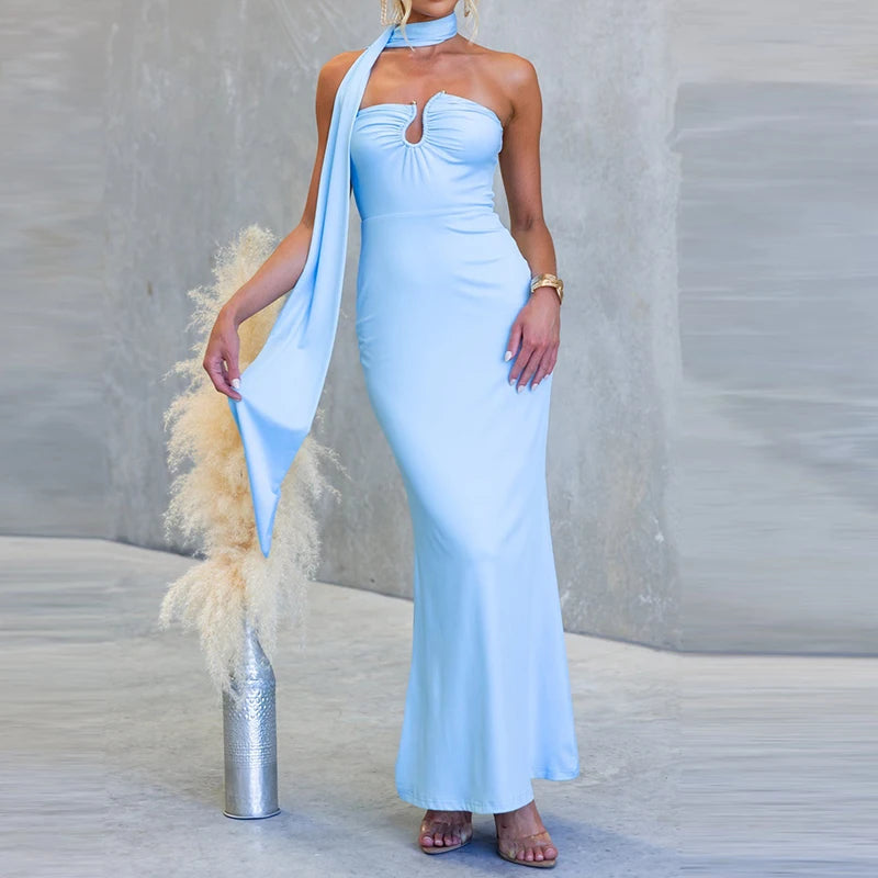 Cyflymder  Fashion Off Shoulder Solid Slim Cocktail Party Dress Summer Backless Wrap Hips Dress Sexy Ribbon Halter Tube Tops Fishtail Dress