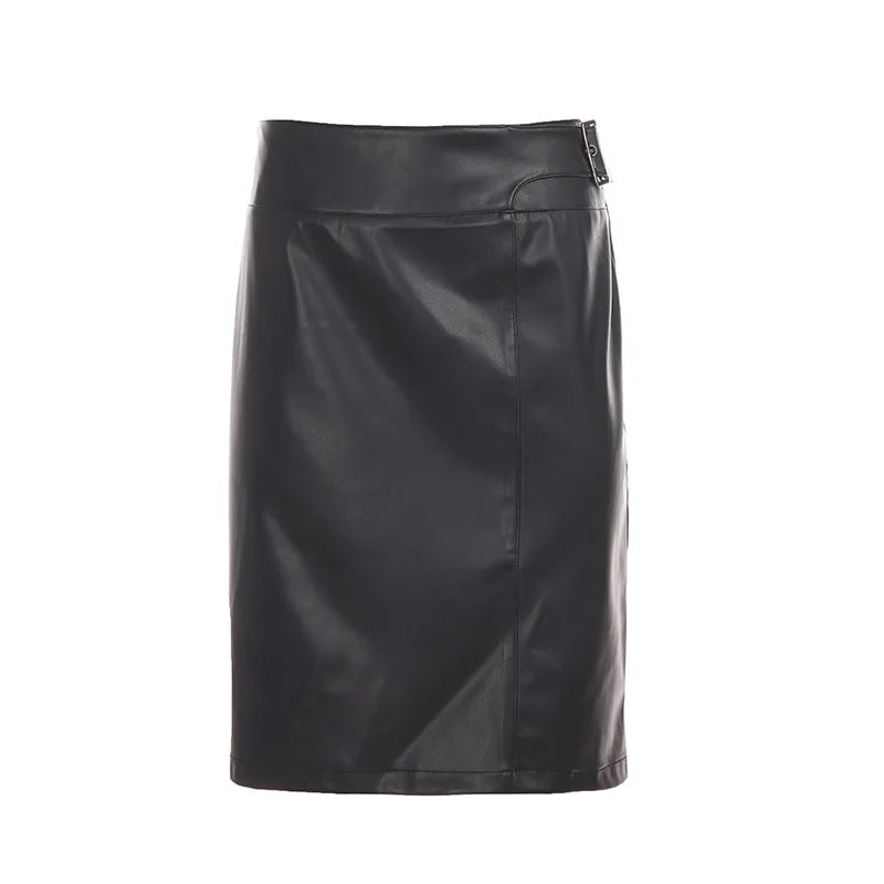 Cyflymder   PU Leather Bodycon High Waist Midi Skirt Pencil Knee Length Side Zipper Glossy Smooth Night Out Party Solid Color Skirt