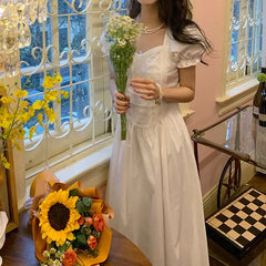 Cyflymder  Fashionable Lace Spliced Midi Dress Summer Vintage Puff Sleeve Female Clothing French Style Square Collar White Waist Dresses