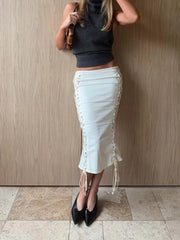 Cyflymder  Trendy High Waist Midi Skirt For Women Lace-Up Sides Ruched Mermaid Hem Bodycon Dress Lady's Solid Color Streetwear Skirts
