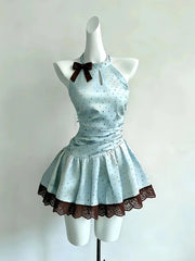 Cyflymder  Korean mint green halterneck dress summer resort style lace spliced short skirt for women
