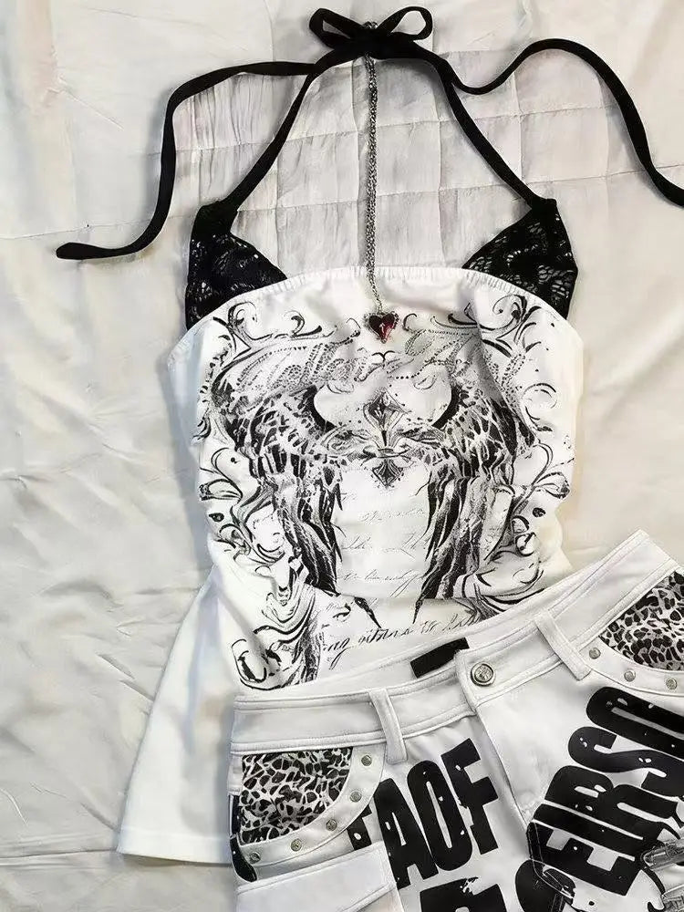 Cyflymder  Y2k Halter T-shirt Gothic Punk Streetwear Crop Top Vintage Summer Aesthetic Harajuku 2000s Slim Woman Clothes Backless Print Tee