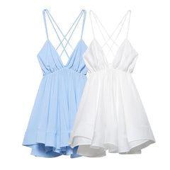 Cyflymder  Women's Summer Solid Pleated V-Neck Backless Mini Dress Fashionable Sling Lace-Up A-Line 2-Color Hot Girl Holiday Dress