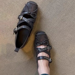 Cyflymder  Leather Version Square Head Butterfly Knot Sports Ballet Shoes Buckle Lightweight Genuine Leather Retro Mary Janes Flats