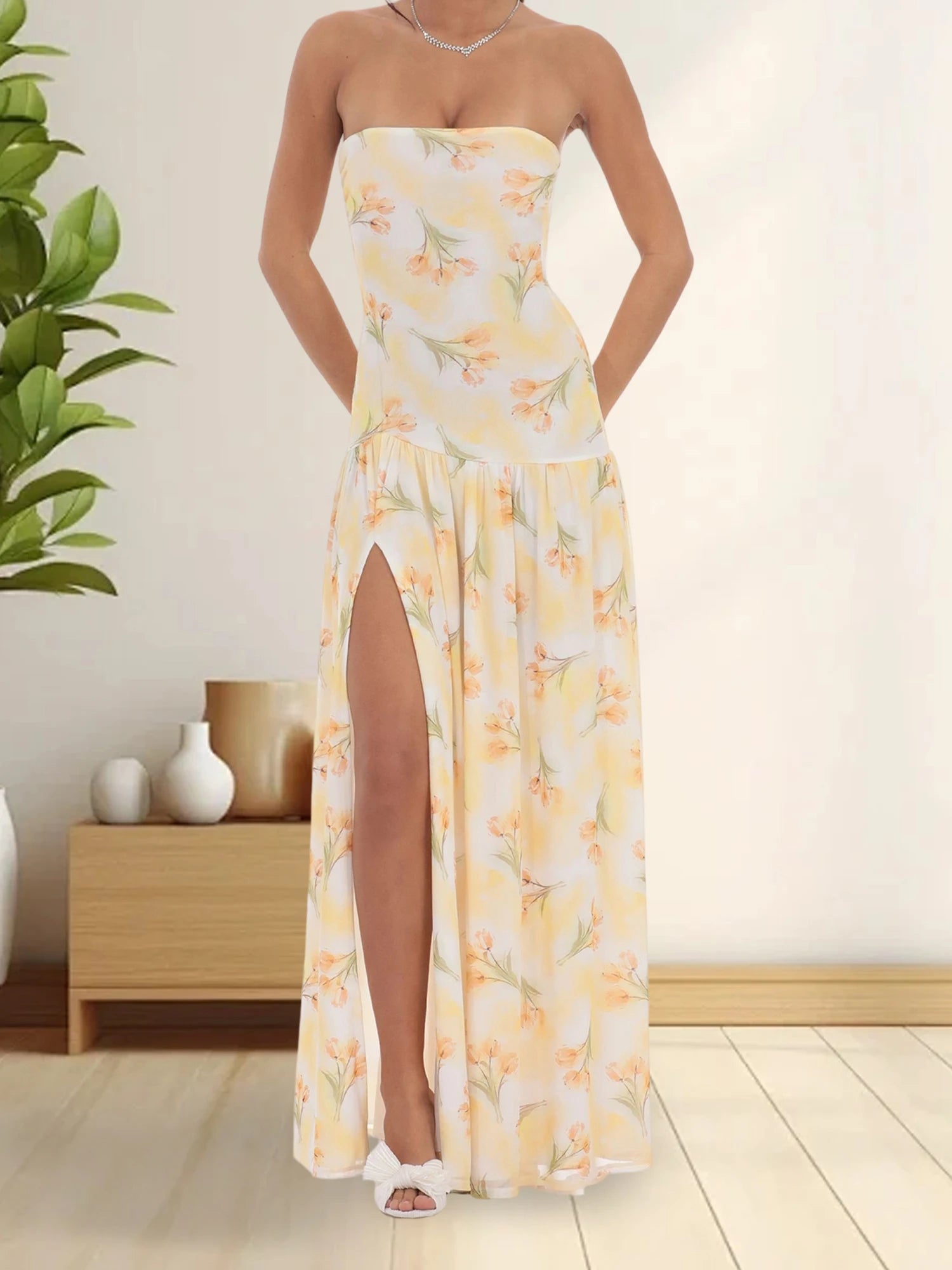 Cyflymder  Elegant Floral Print Off Shoulder Maxi Dress with High Side Slit and Sleeveless Design for Evening Party or Clubwear