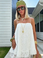 Cyflymder  Thin Strap Square Neck Loose Mini Skirt Hollow Cutout Pattern Double Ruffle Hem Dress Lady's Dating Vacation Casual Streeewear