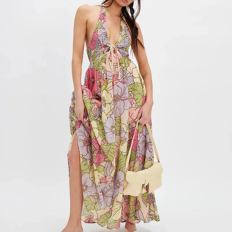 Cyflymder  Vintage Floral Printed Halter Evening Dress Sexy Off Shoulder High Waist Pleated Dress Trendy Backless Swing Women's Beach Dress