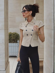 Cyflymder  Solid Double Breasted Short Sleeve Cropped Jacket Slim Fit Single Breasted Summer Women Blazer Fashion Versatile Lady Tee