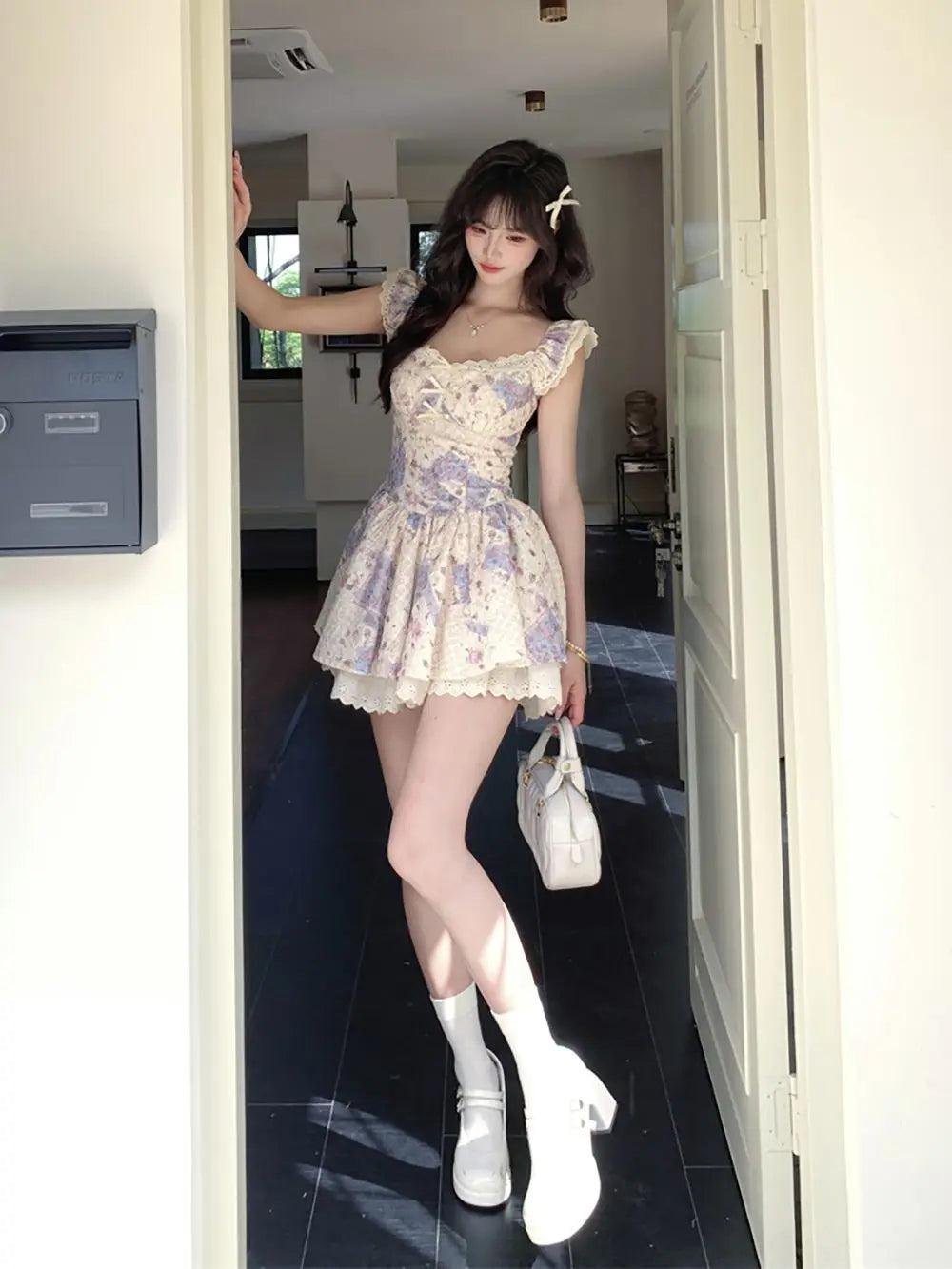Cyflymder  New French Flutter Sleeve Dress Women Lace Trim Flared Skirt Sweet Cute Mini Length Slimming A Line Silhouette Princess Party